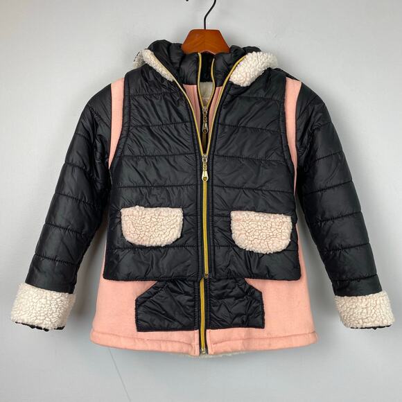 Girls Black & Pink Layered Puffer Sherpa Winter Coat Size 5Y - Picture 1 of 8